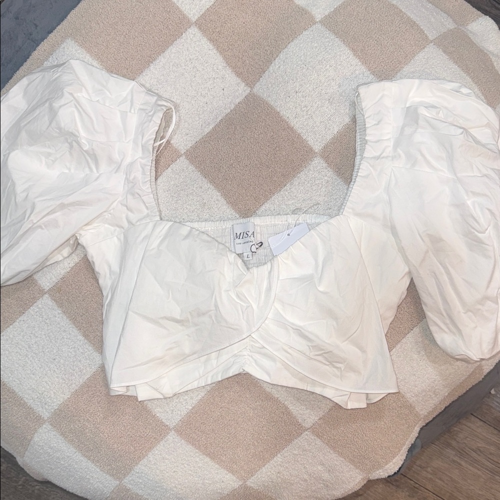 MISA White Puff Sleeve Crop Top